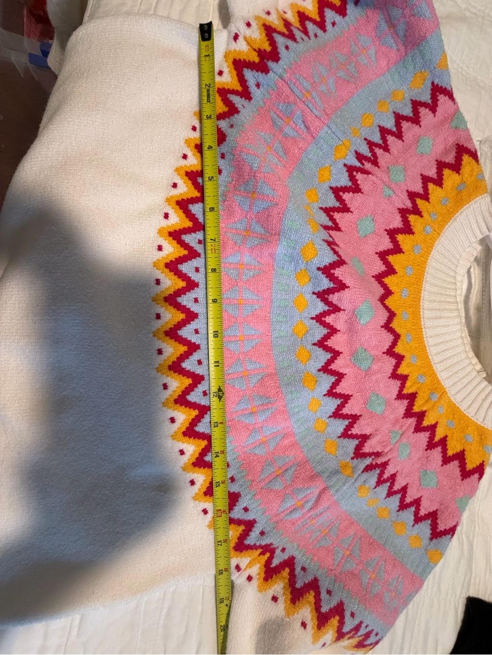 Sugarlips White Crewneck Sweater with Pink, Yellow & Blue Fair Isle Yoke - Picture 6 of 8